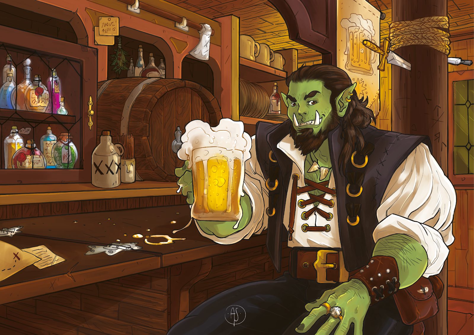 L&rsquo;insegna della taverna: un oste orco dietro il banco, con un boccale di birra in mano e uno scaffale di ampolle colorate alle spalle.